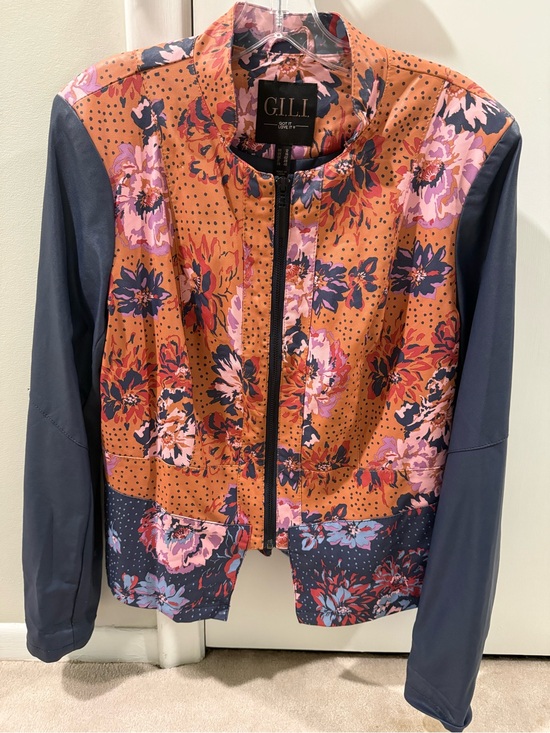 G.I.L.I. Jackets & Blazers - G.I.L.I. Floral Faux Leather Bomber Jacket in Orange and Navy